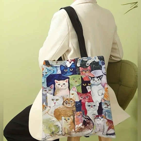 Fashion Kawaii Cats Pattern Shoulder Bag, Lightweight Shopper Tote Bag - Picture 2 of 11